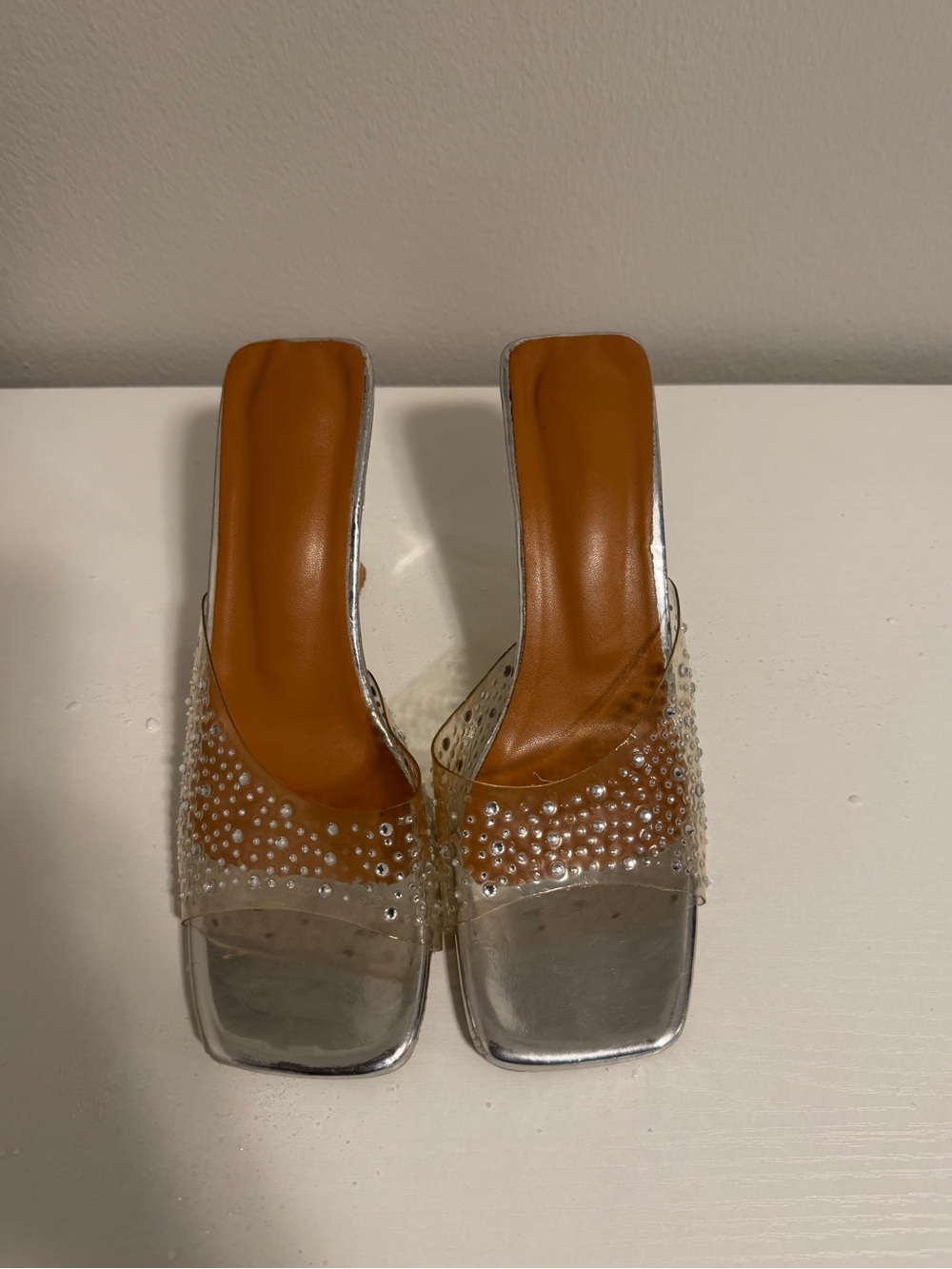 Transparent Rhinestone Mule Sandals in Tan